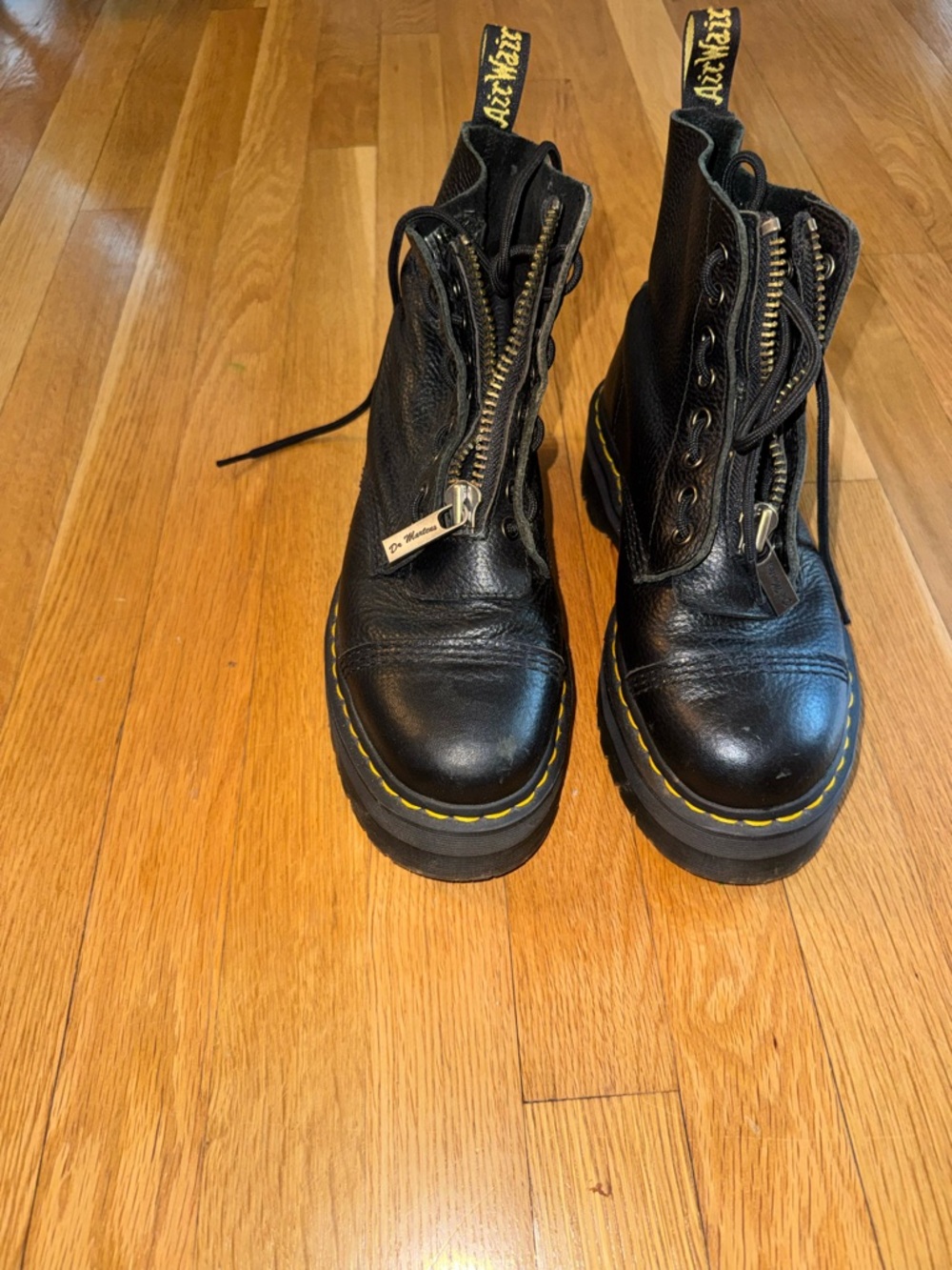 Dr. Martens Black Leather Platform Zip Front Boots with Yellow Stitching